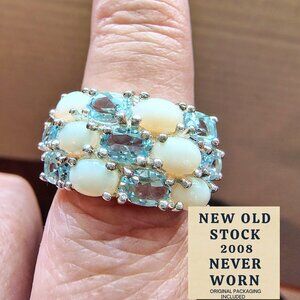 Sterling Silver Blue Topaz & Opal Ring • Oval Gemstones • New with Tag & Receipt